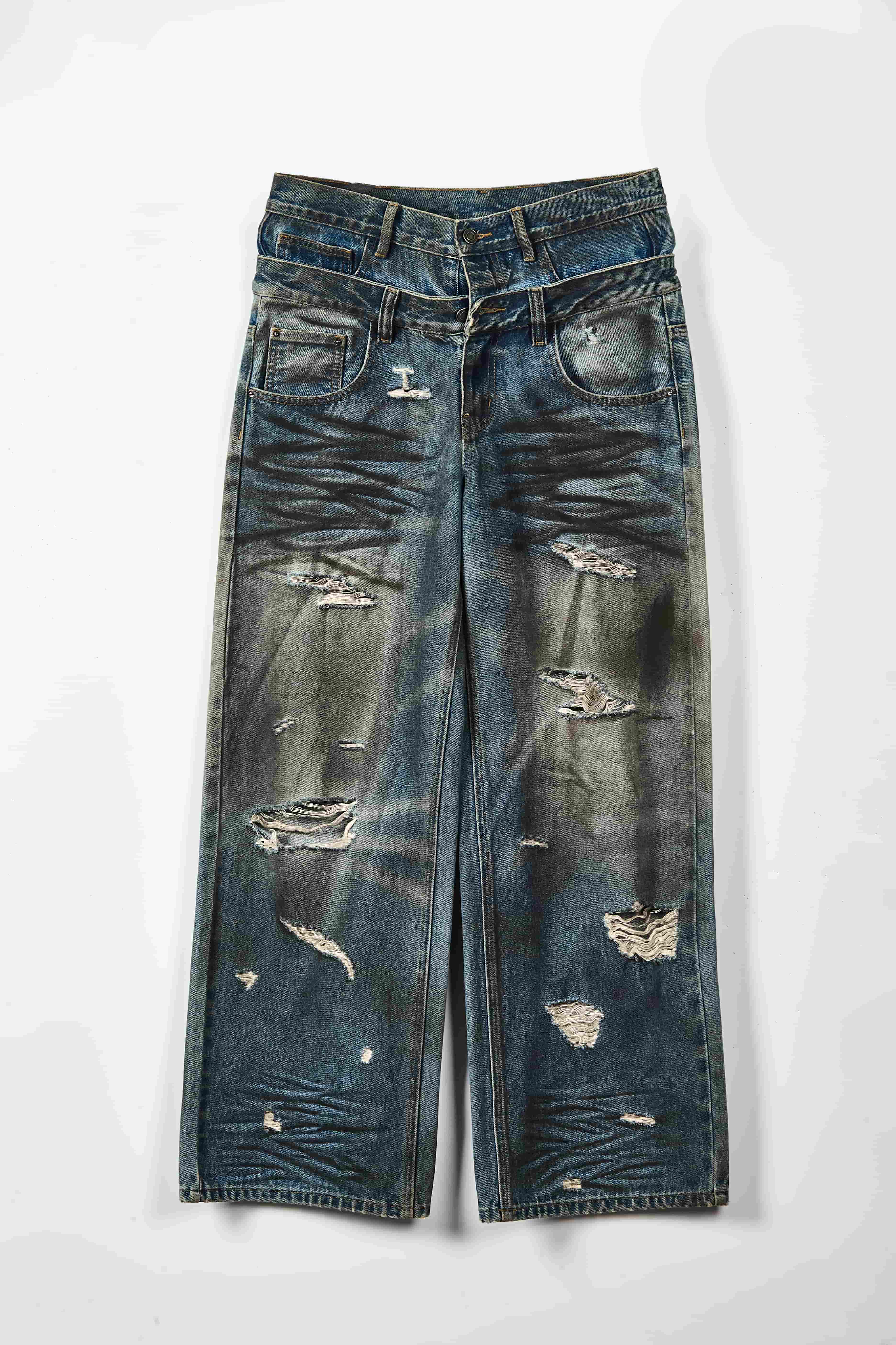 Double Waist Baggy Jeans - Distressed Vintage Washed Streetwear Denim